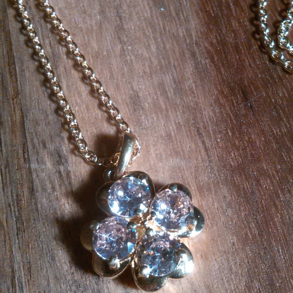 Pink Cubic Zirconia Four Leaf Clover Stainless Steel Necklace